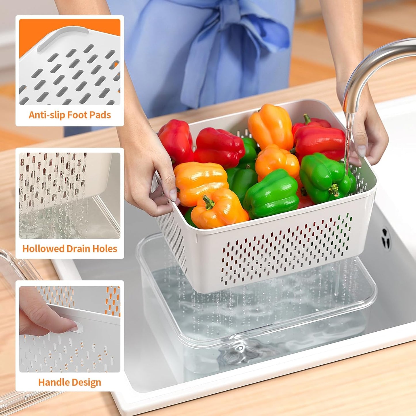 Skiennix Large Fruit Storage Containers - Airtight 5-Piece Set with Removable Colanders | Keep Produce Fresh Longer