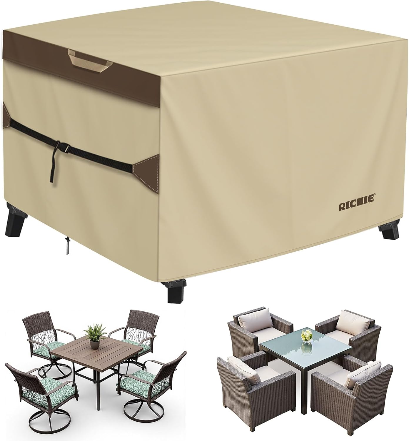 RICHIE Outdoor Patio Furniture Cover - Heavy Duty Waterproof 600D Canvas Protector | Square Table & Chair Cover (62L x 62W x 28H Inch)