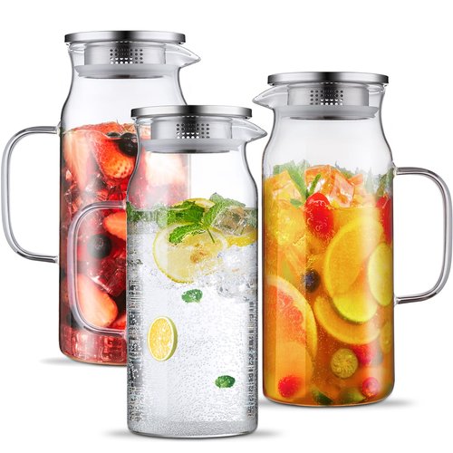 Bivvclaz 3 Pack 2 Liter 68 oz 2.1 Qt Glass Pitcher with Lid and Handle, Water Pitcher for Fridge, Glass Carafe for Hot/Cold Water, Large Iced Tea Pitcher for Coffee, Juice and Homemade Beverage