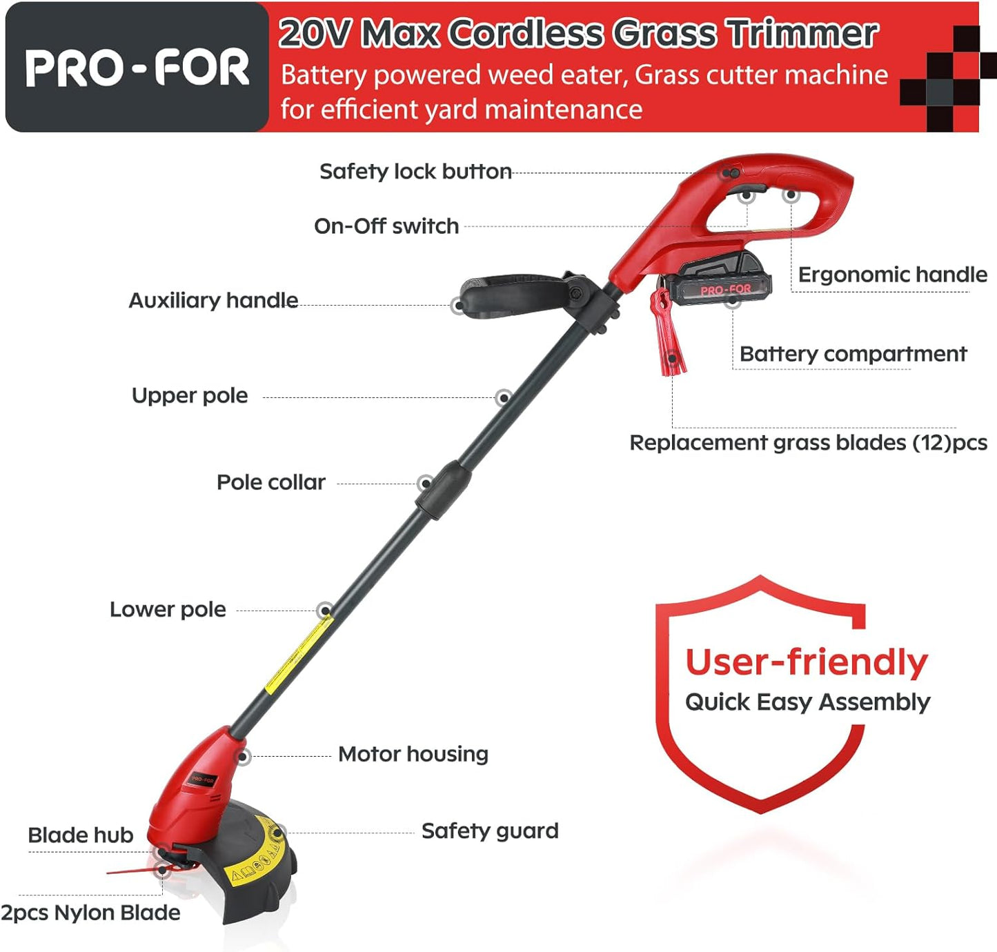 20V Lightweight Stringless Grass Trimmer - Cordless Electric Weed Eater with Battery & Charger