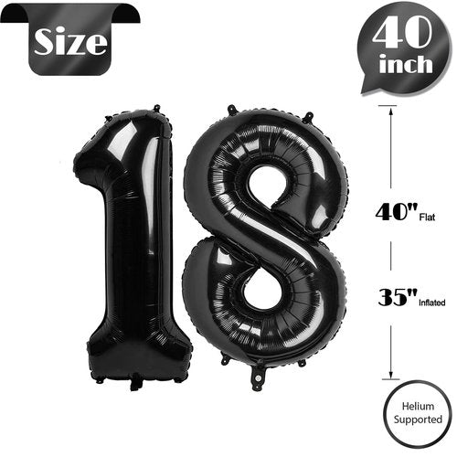 Black Number 18 Balloon 40 inch, 18 Number Balloons, 18th Black Birthday Decorations, 18 Year Old Girls Boys Party Supplies