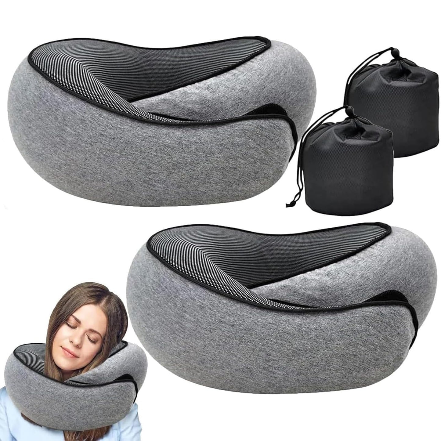 RURING Travel Pillows for Airplanes, Travel Neck Pillow Travel Pillow, Neck Pillow Airplane Memory Foam 360 Degree Support Stowable Pillows for Airplanes Offices and Cars 2PCS (Dark Gray)