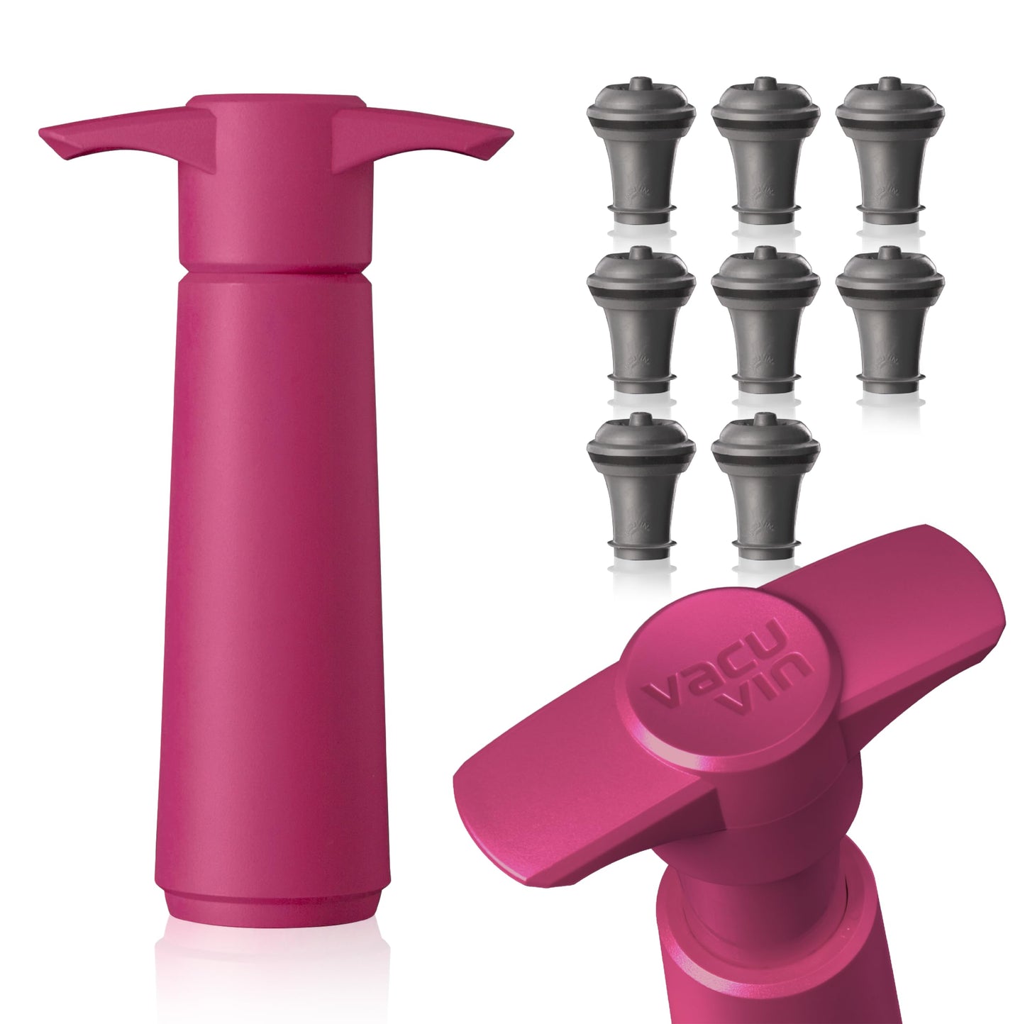 Vacu Vin Wine Saver Pump Pink with Vacuum Wine Stopper - Keep Your Wine Fresh for up to 10 Days - 1 Pump 8 Stoppers - Reusable - Made in the Netherlands