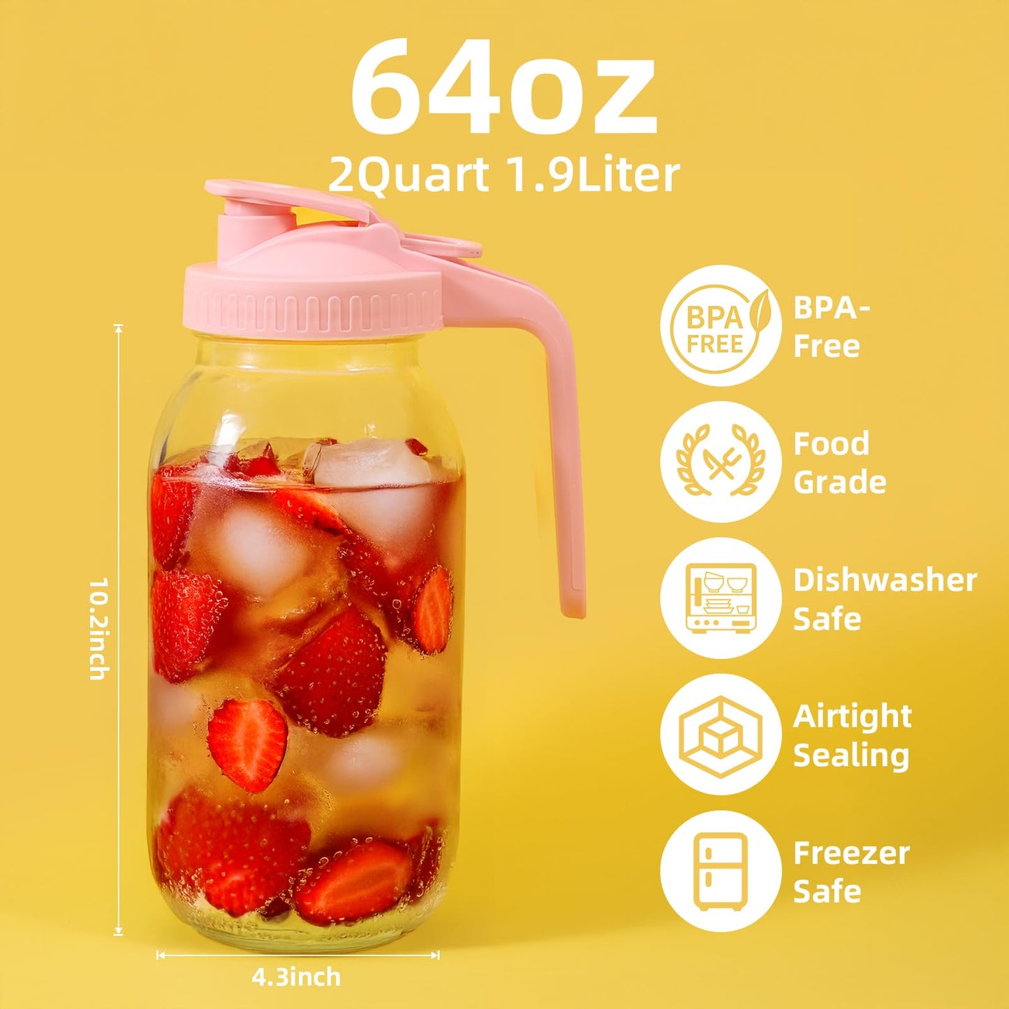 AsstarJTK Glass Mason Jar Pitcher - 64 oz/2 Quart Wide Mouth Jug with Lid and Pour Spout, Airtight Seal, Leak Proof Iced Tea Pitcher for Sun Tea, Juice, Breast Milk, Cold Beverages, Coffe