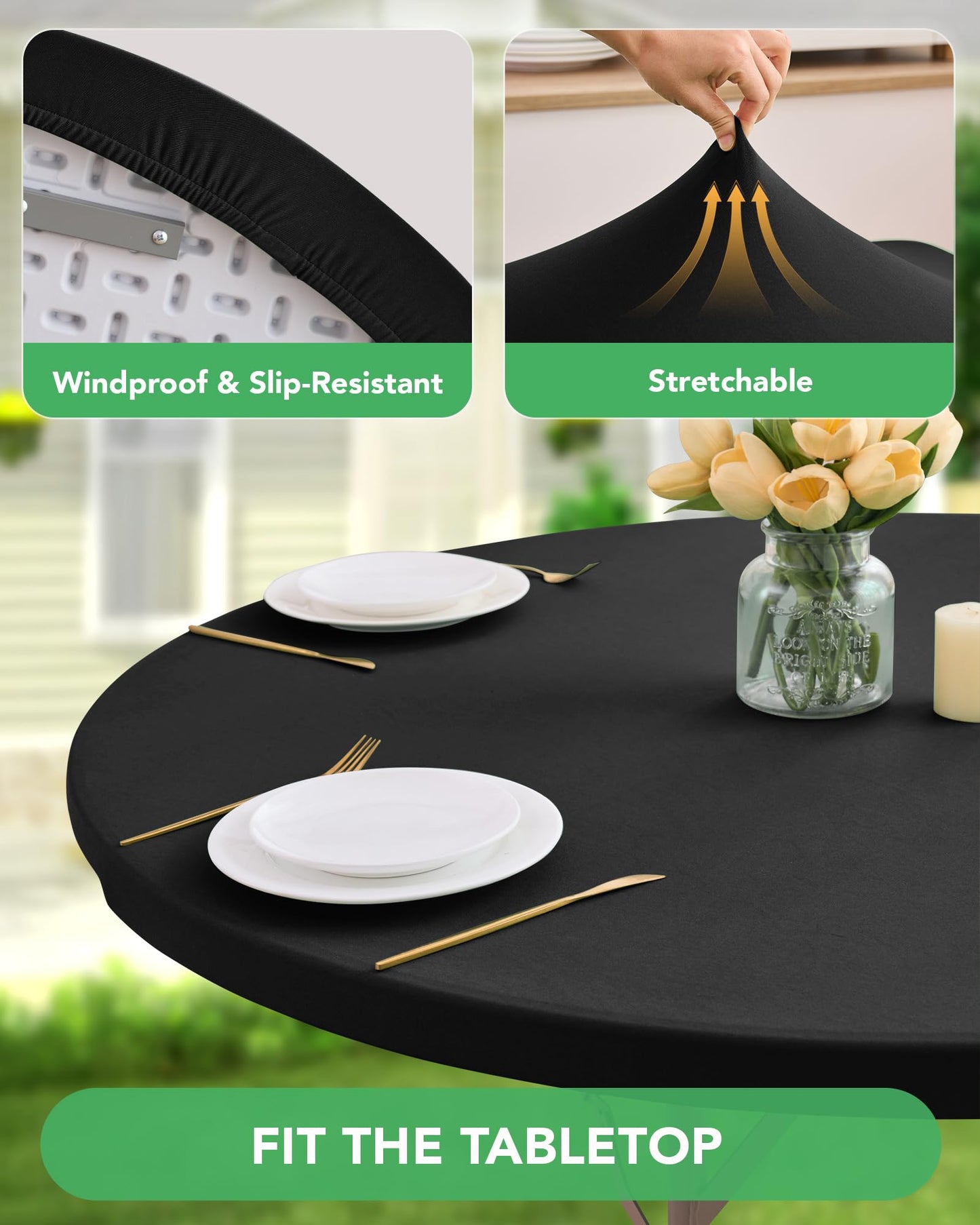 KeyWave Round Fitted Table Covers - 40-44 Inch Spandex Water-Resistant Tablecloth with Elastic, 2 Pack Circle Table Cloths for Kitchen Dining Room, Black