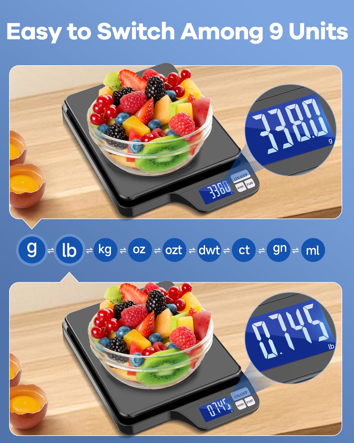 KUBEI Large 5kg/11lb Kitchen Scale with 0.1g/0.01oz High Precision, USB Rechargeable Food Scale, Stainless Steel Pan, with Tare Function,for Baking Cooking Coffee Package Postage