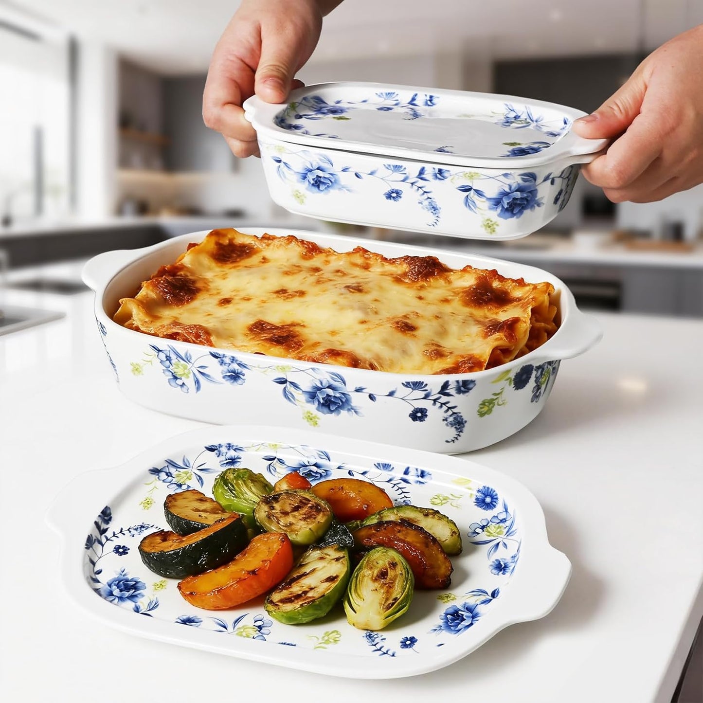 Skiennix Ceramic Casserole Dish Set - 4-Piece Bakeware with Lids | Oven & Microwave Safe, 13x8 & 9x6 Inch
