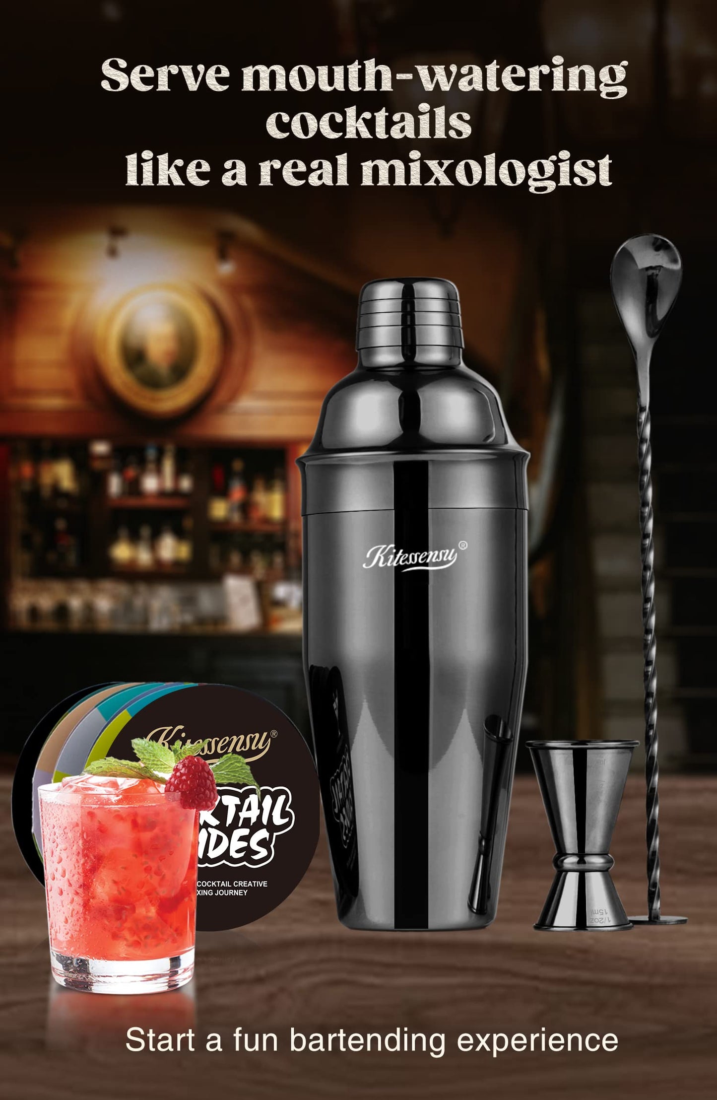 KITESSENSU Cocktail Shaker Set, Stainless Steel Martini Shaker with Bartender Strainer, Measuring Jigger, Bar Mixing Spoon, Cocktail Recipe Included, Pink