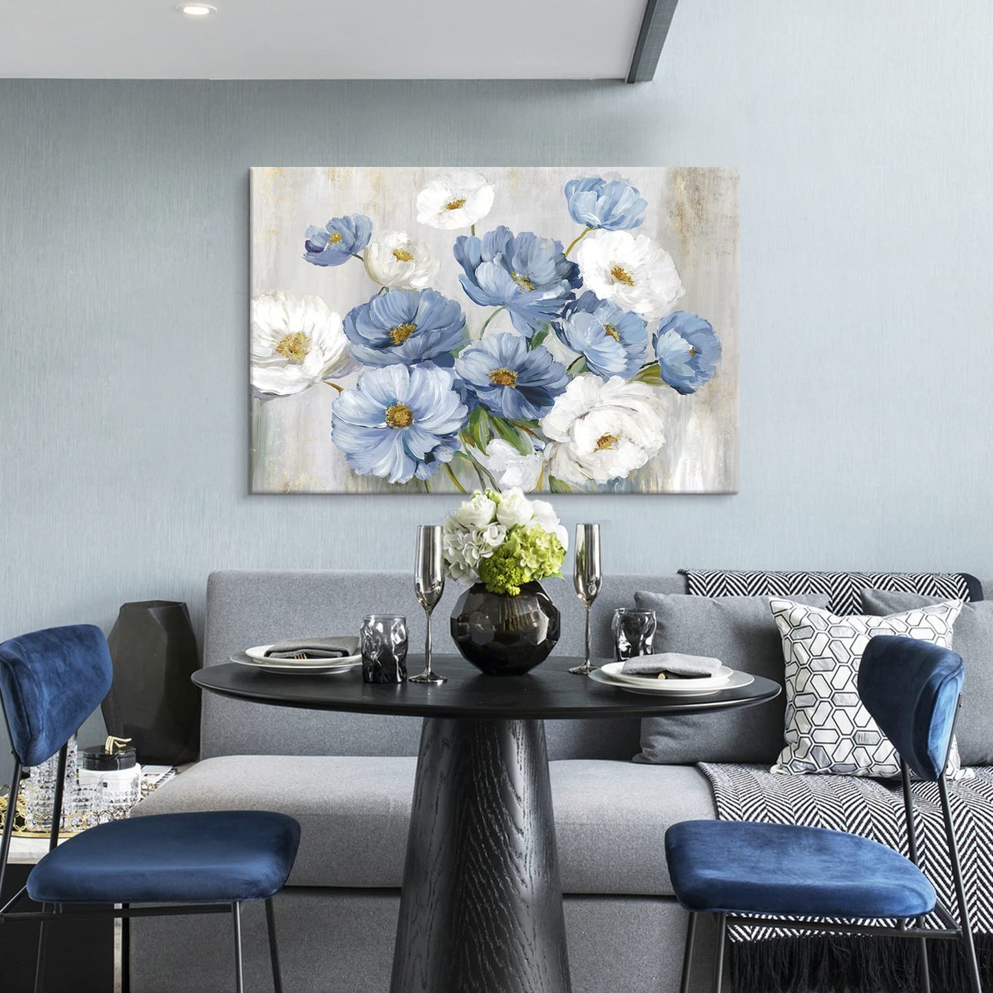 Goldfoilart Blue Flower Wall Art Light Blue and White Floral Canvas Print, 36"x24" Large Modern Flower Picture for Living Room Bedroom Bathroom Home Decor