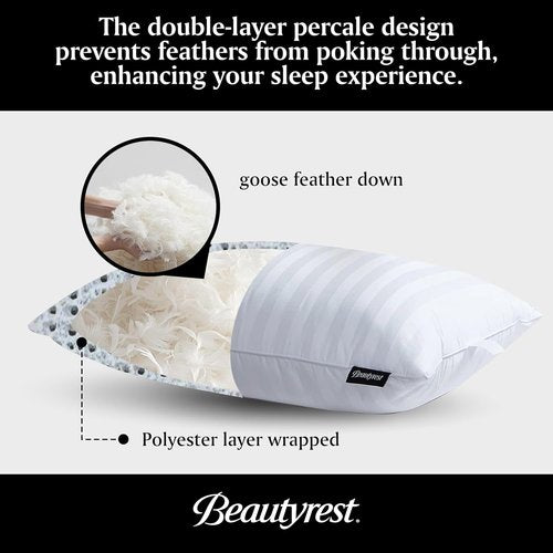 Beautyrest Luxury Goose Feather Pillows - Soft & Supportive 500 Thread Count | Queen 20”x28” (Pack of 2)