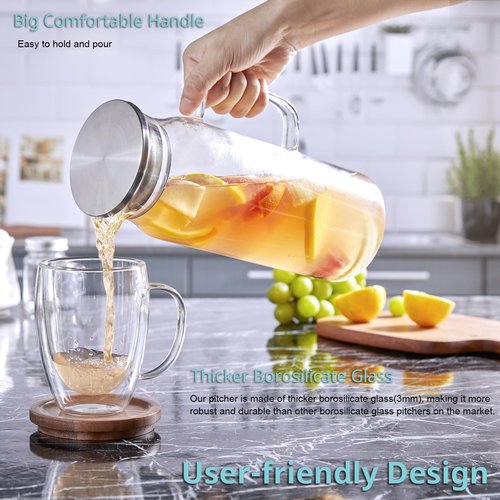 Bivvclaz 2 Pack 1.6 Liter 54 oz Glass Pitcher with Lid and Handle, Glass Carafe Water Pitcher for Hot/Cold Water, Iced Tea, Drinks, Coffee, Juice and Homemade Beverage