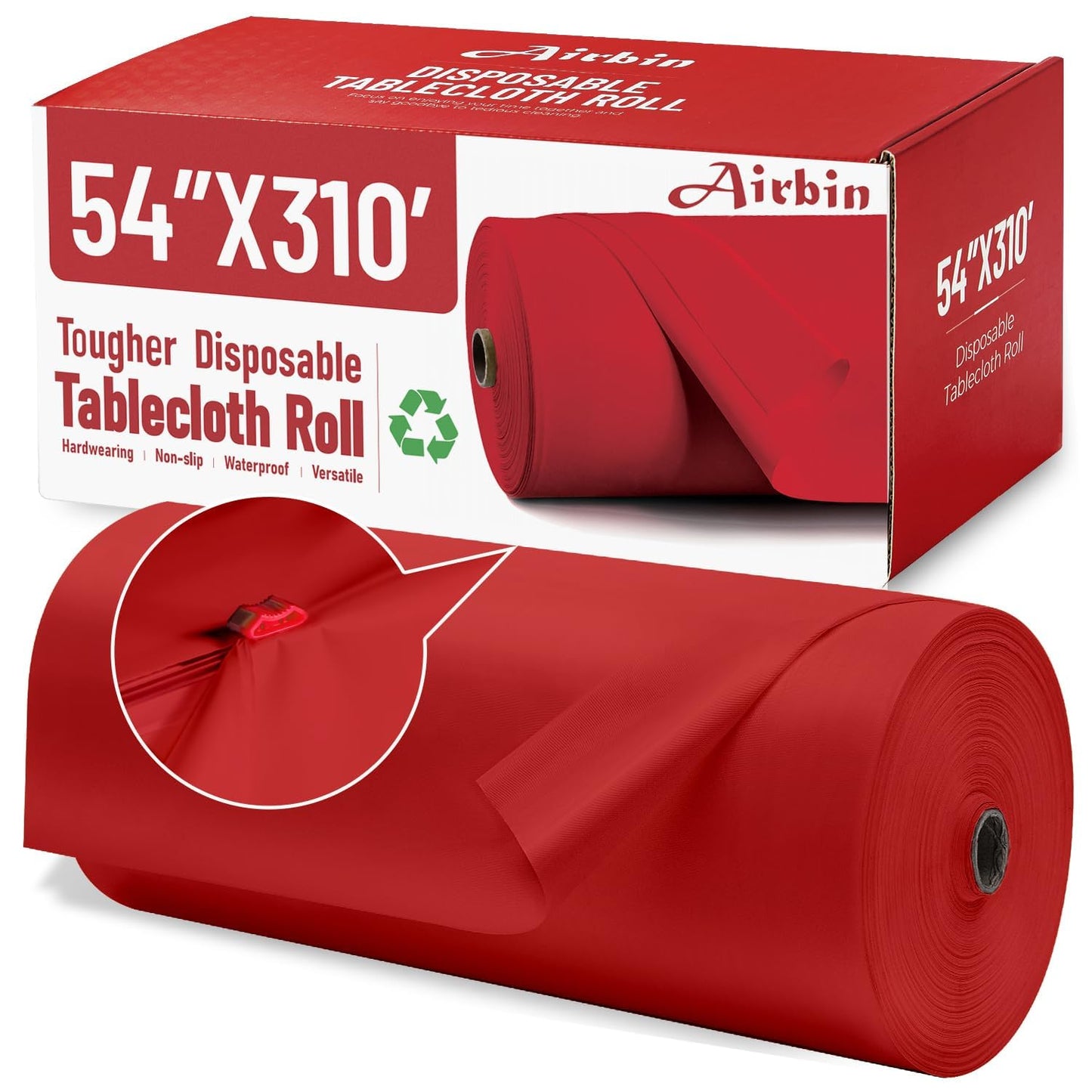 Airbin Plastic Table Cloth, 310 Ft X 54 in Disposable Tablecloth Red Tablecloth Premium PEVA Plastic Table Cloth Disposable with Any Cut Sliding Cutters for Picnics, Parties, Birthdays, Festivals