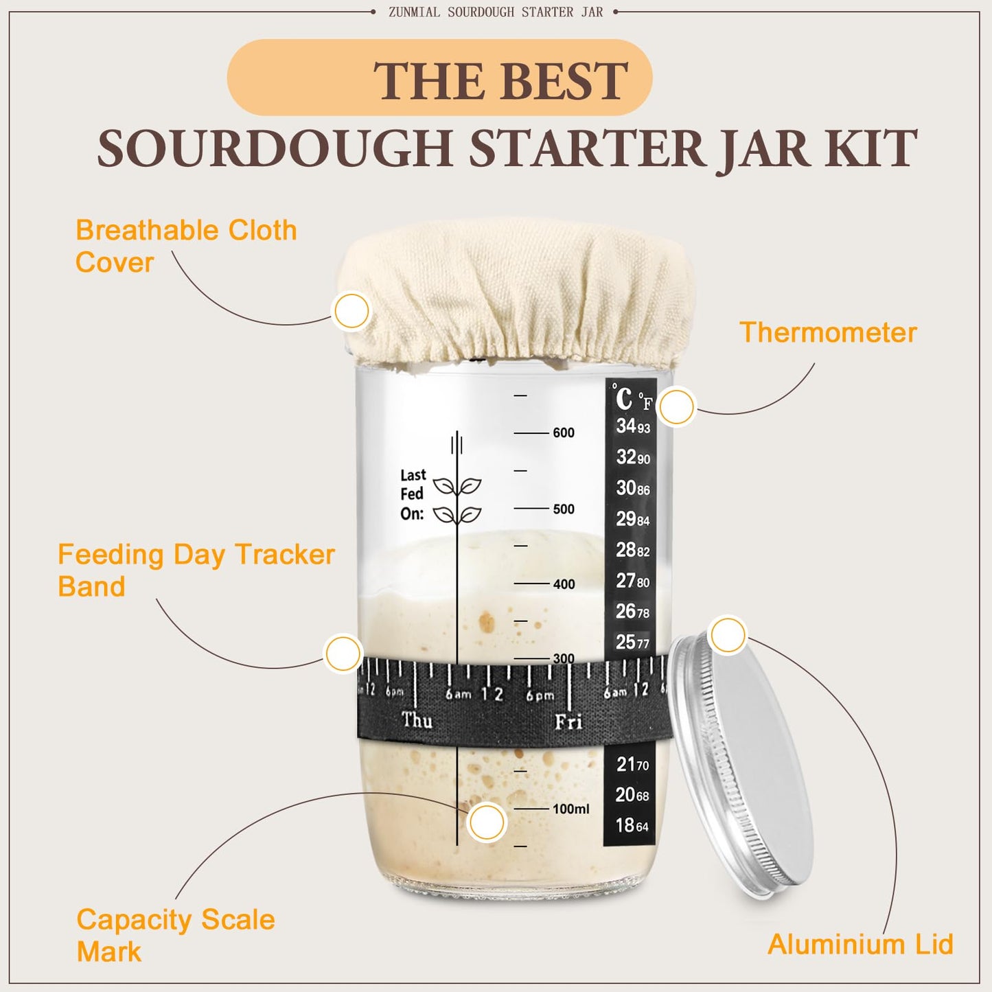 zunmial Sourdough Starter Jar, 24 oz Sourdough Starter Kit with Date Marked Feeding Band, Thermometer, Cloth Cover & Metal Lid, Reusable Sourdough Bread Baking Supplies, Home Baking Supplies