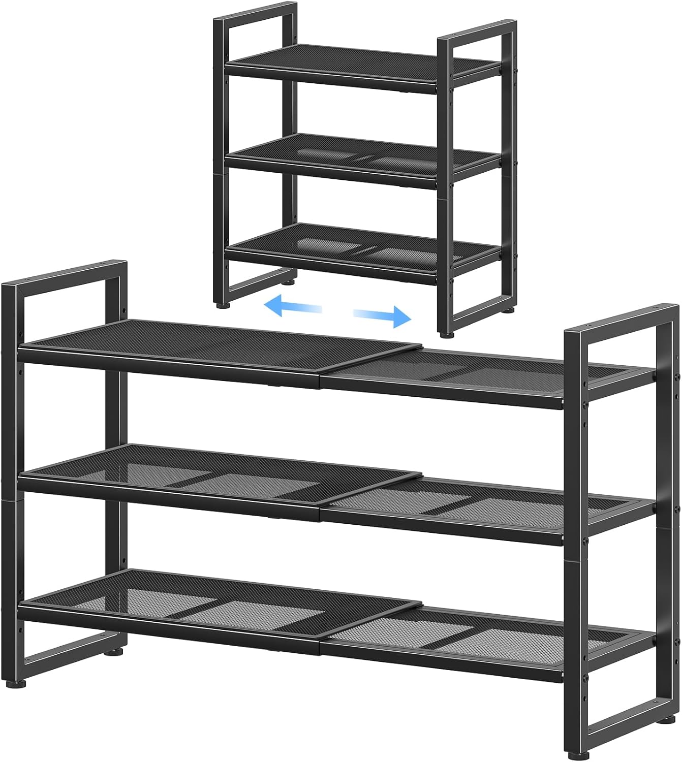 Simple Trending 3-Tier Expandable Shoe Rack - Adjustable Metal Mesh Organizer for Closet & Entryway, Black