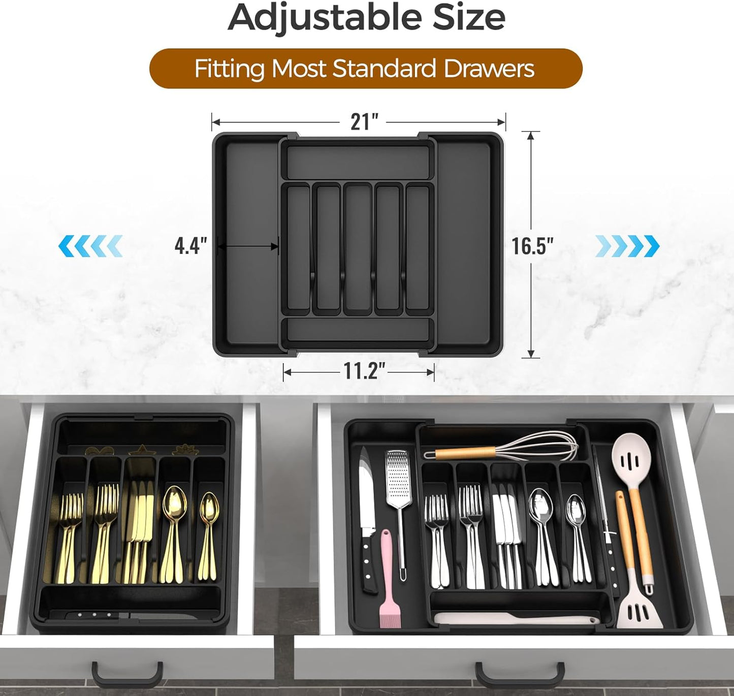 Ukeetap Extra Large Expandable Silverware Organizer - BPA-Free Kitchen Utensil Drawer Holder | Adjustable Black Design