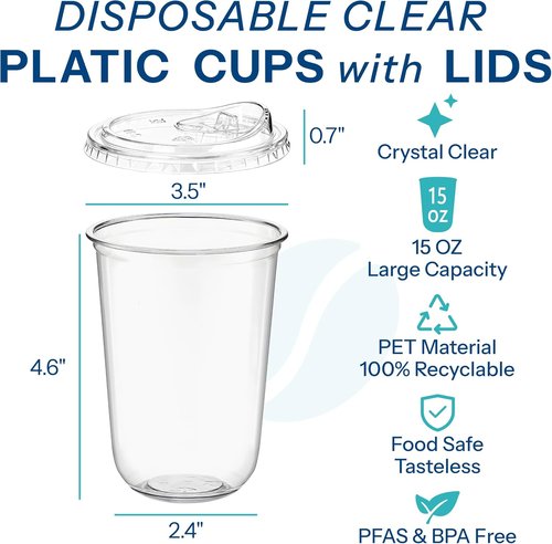 Homestockplus 15 oz Clear Plastic Cups - Leak-Proof, BPA-Free Strawless Sip Lids | 100 Pack for Iced Coffee, Smoothies & Parties