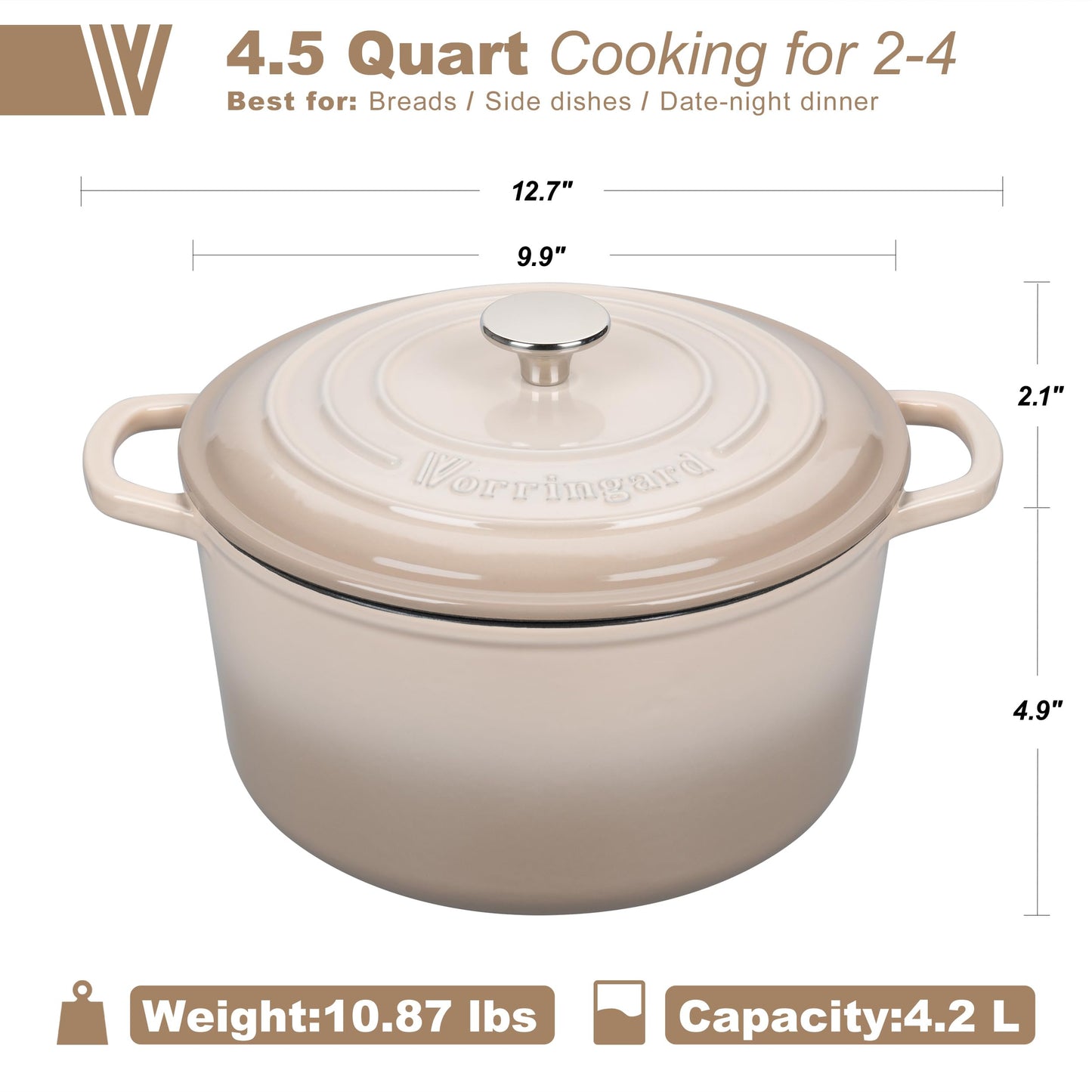 VORRINGARD Enameled Cast Iron Dutch Oven Pot with Lid, for Sourdough Bread Baking, Round Dutch Ovens, 4.5 Quart, Latte