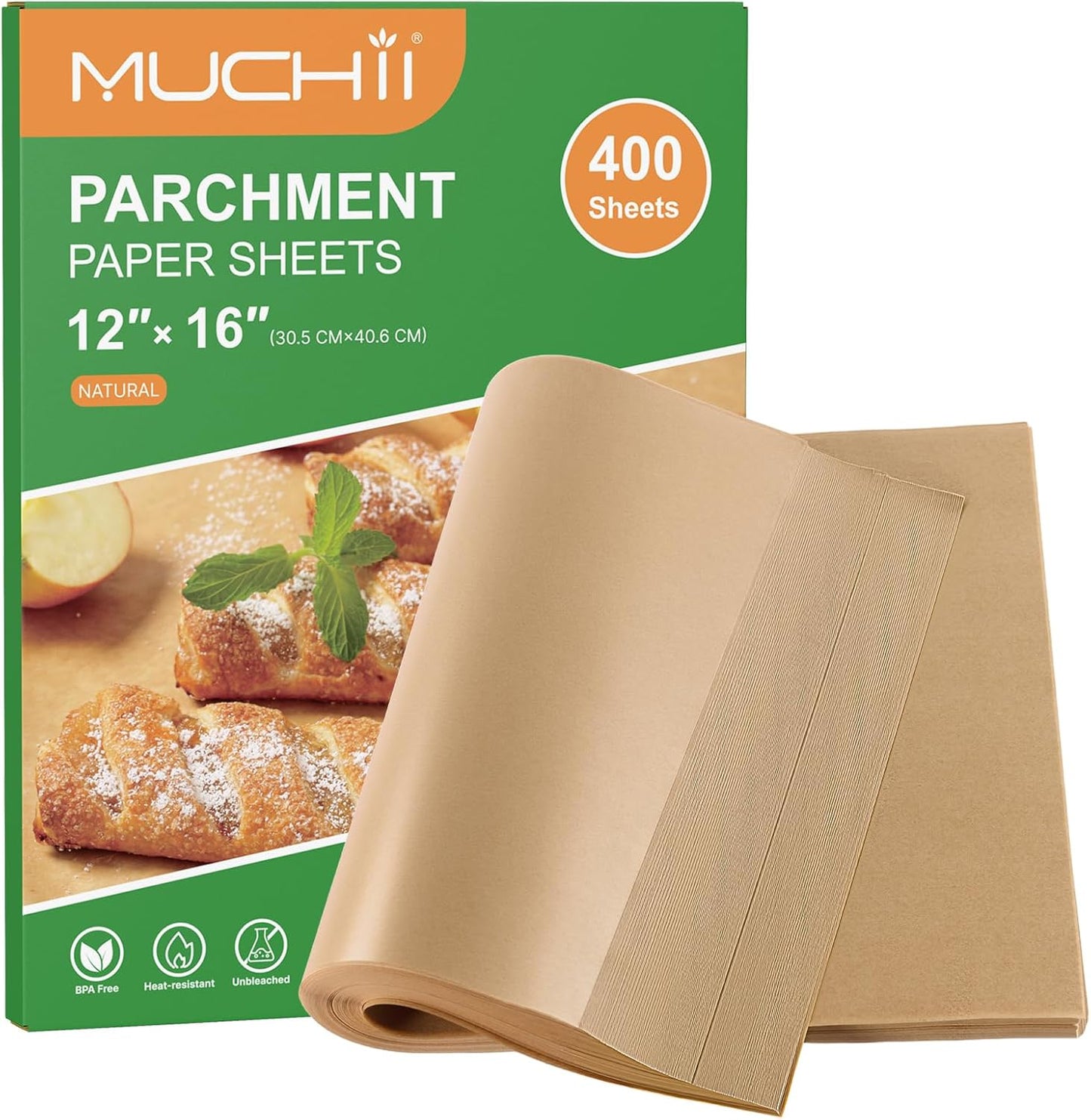 MUCHII Parchment Paper Sheets - 400 Pcs Non-Stick Precut 12 x 16 Inch for Baking & Cooking