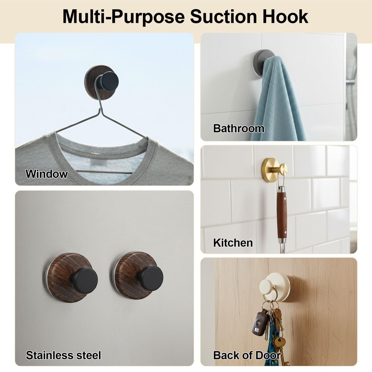 WelarMentis Wreath Hanger for Front Door, Heavy Duty Wreath Hangers for Front Door & Glass Window, Upgrade Suction Cup Hooks for Shower,Christmas Thanksgiving Halloween Easter Valentine (Walnut, 2p)