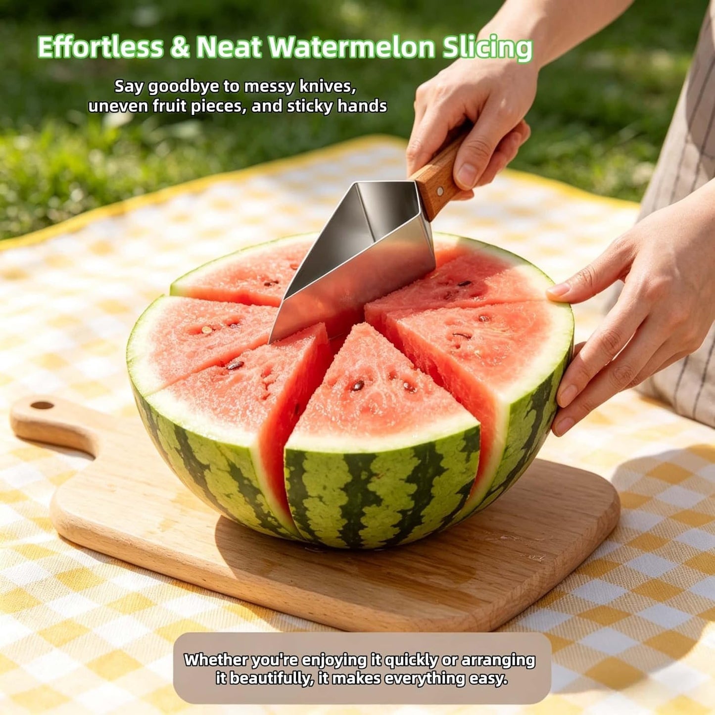 Skiennix Triangle Watermelon Cutter - Large Stainless Steel Slicer with Wooden Handle | 2-Piece Set for Home & Picnic