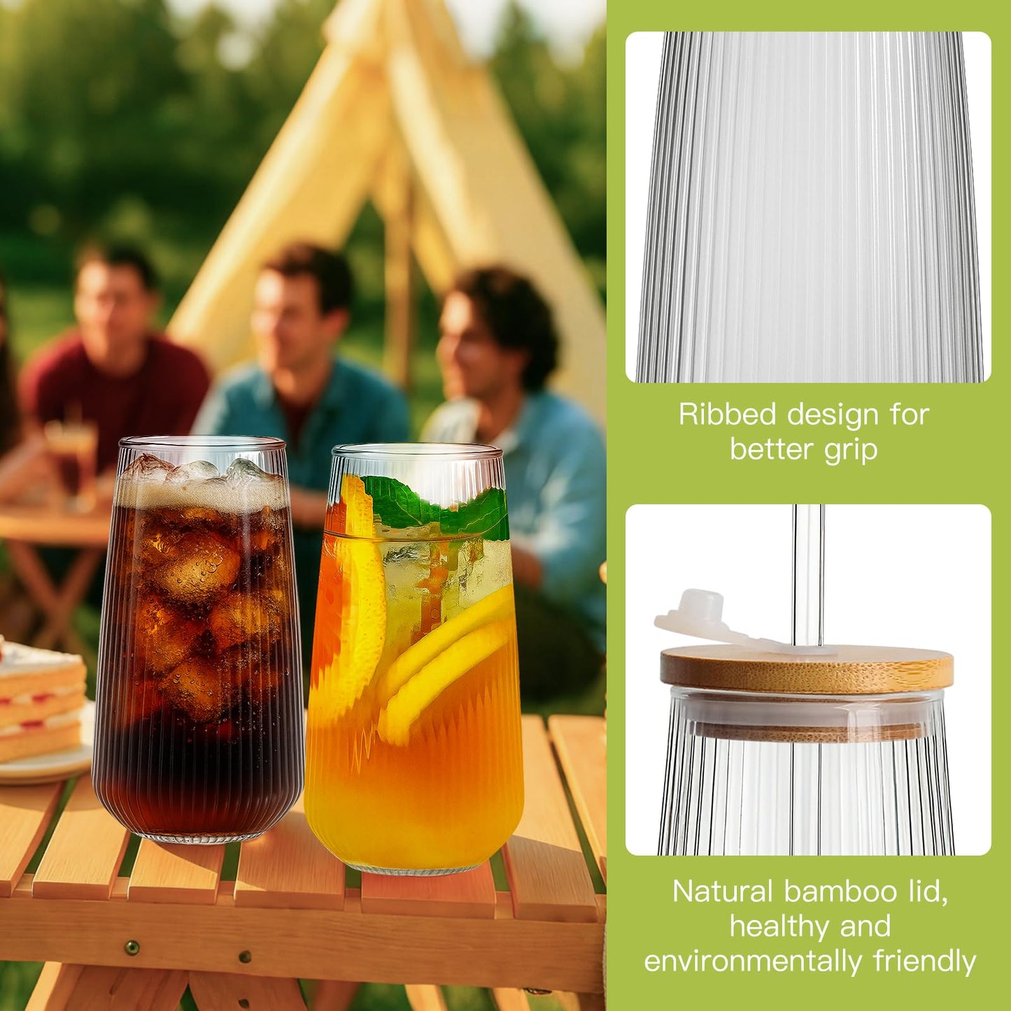 Ruckae Borosilicate Glass Cups with Lids and Straws,16oz Reusable Iced Coffee Cup with Lid Glass Cups 6 Pack for Coffee Bar Accessories,Smoothie,Juice,Durable Clear Tumbler Cups for Home,Office,Travel