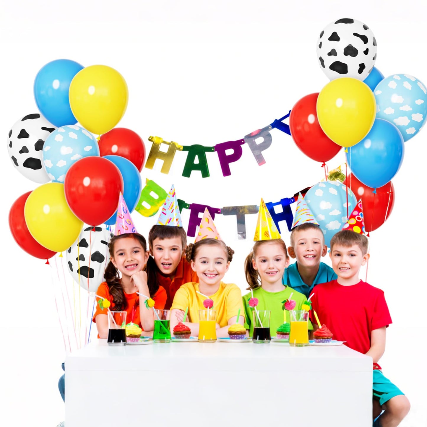 68Pcs Red Yellow Blue Toy Balloons 12 Inch Light Blue Cloud Cow Print Balloons for Baby's Birthday Story and Football Party Themed Decorations.