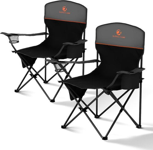 ALPHA CAMP Folding Camping Chairs - Portable Lawn Chairs with Cup Holders & Cooler Pouch | Supports 225 LBS, 2 Pack