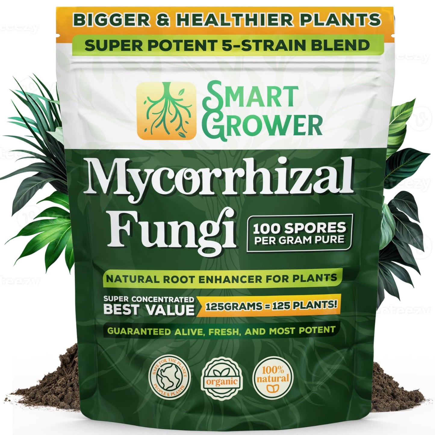 Mycorrhizae Smart Grower | Organic Root Enhancer for Plants - 100 Spores/G, 5-Strain Blend, 125g for 125 Plants