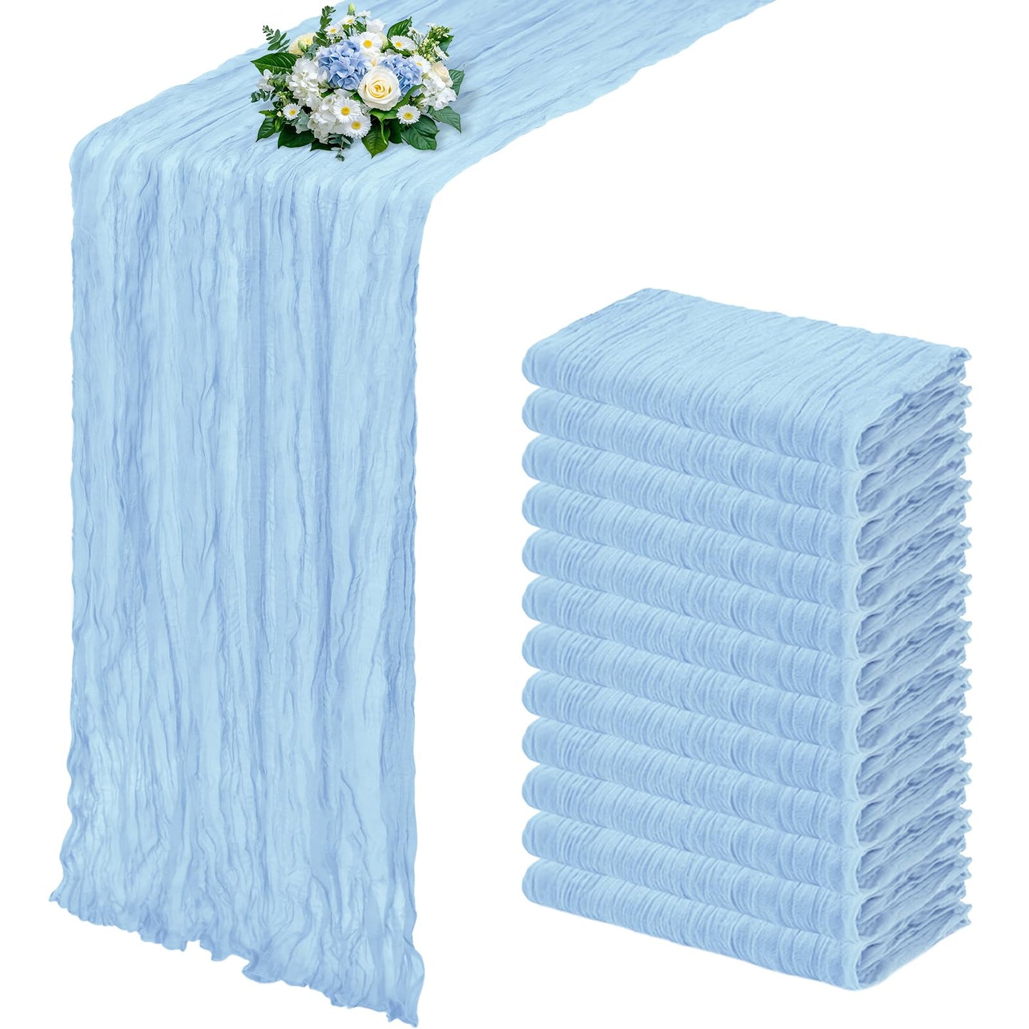 RealBox 12 Pack Baby Blue Cheesecloth Table Runner 17x108 Inch Semi Sheer Boho Gauze Cheese Cloth Fabric Table Runners, for Wedding Party Baby Shower Birthday Home Decor Garden Farmhouse