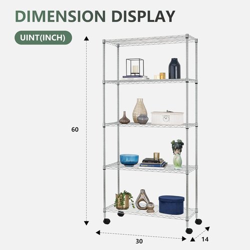 BestOffice 5-Tier Wire Storage Shelves with Wheels - Heavy-Duty Metal, Adjustable, Chrome | 14x30x60 | Holds Up to 220 lbs | Easy No-Tool Assembly for Home & Garage