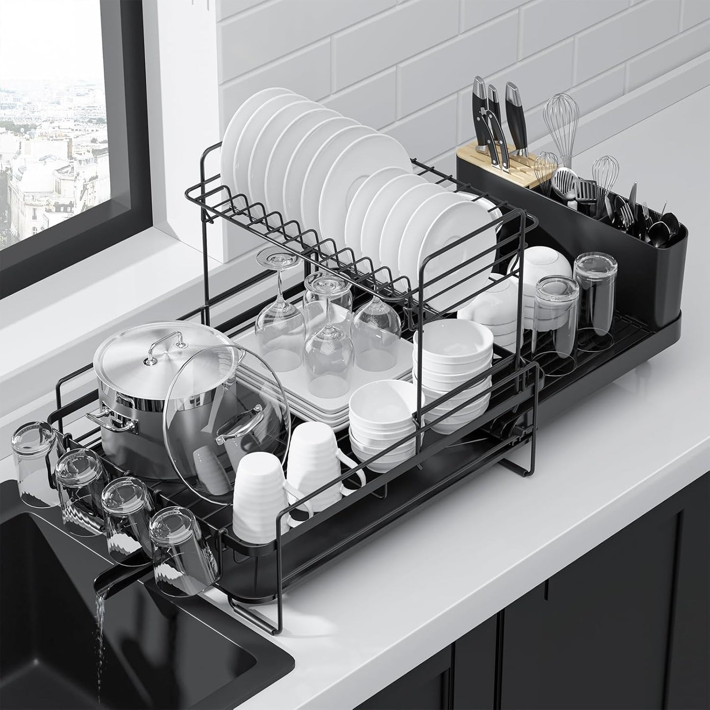 Kitsure Large Dish Drying Rack - Extendable Anti-Rust Kitchen Rack with Cutlery & Cup Holders | 19.2"-26.7" L x 12.9" W x 13.6" H, Black