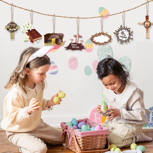 He Is Risen Wooden Signs | 24 Piece Easter Day Hanging Ornaments - Crown of Thorns & Jesus Cross Decor