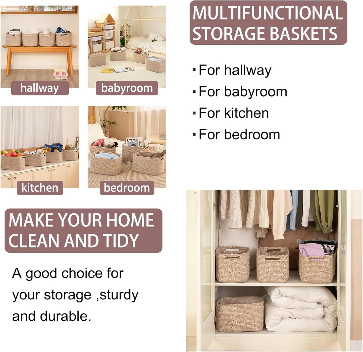 OIAHOMY Storage Baskets - 4 Pack Woven Cube Organizing Bins with Handles | 16''L x 12''W x 8''H, Brown