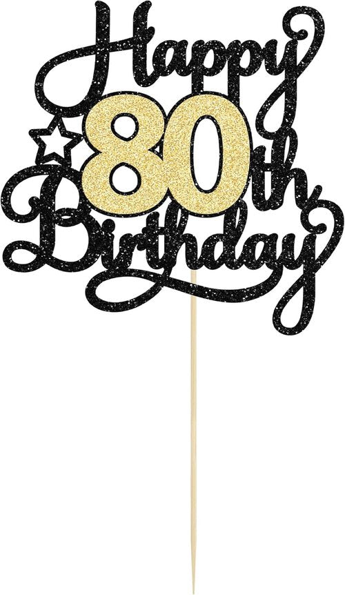 Happy 80th Birthday Cake Topper by [Brand Name] - Black Gold Glitter Decoration for 80th Anniversary Celebration