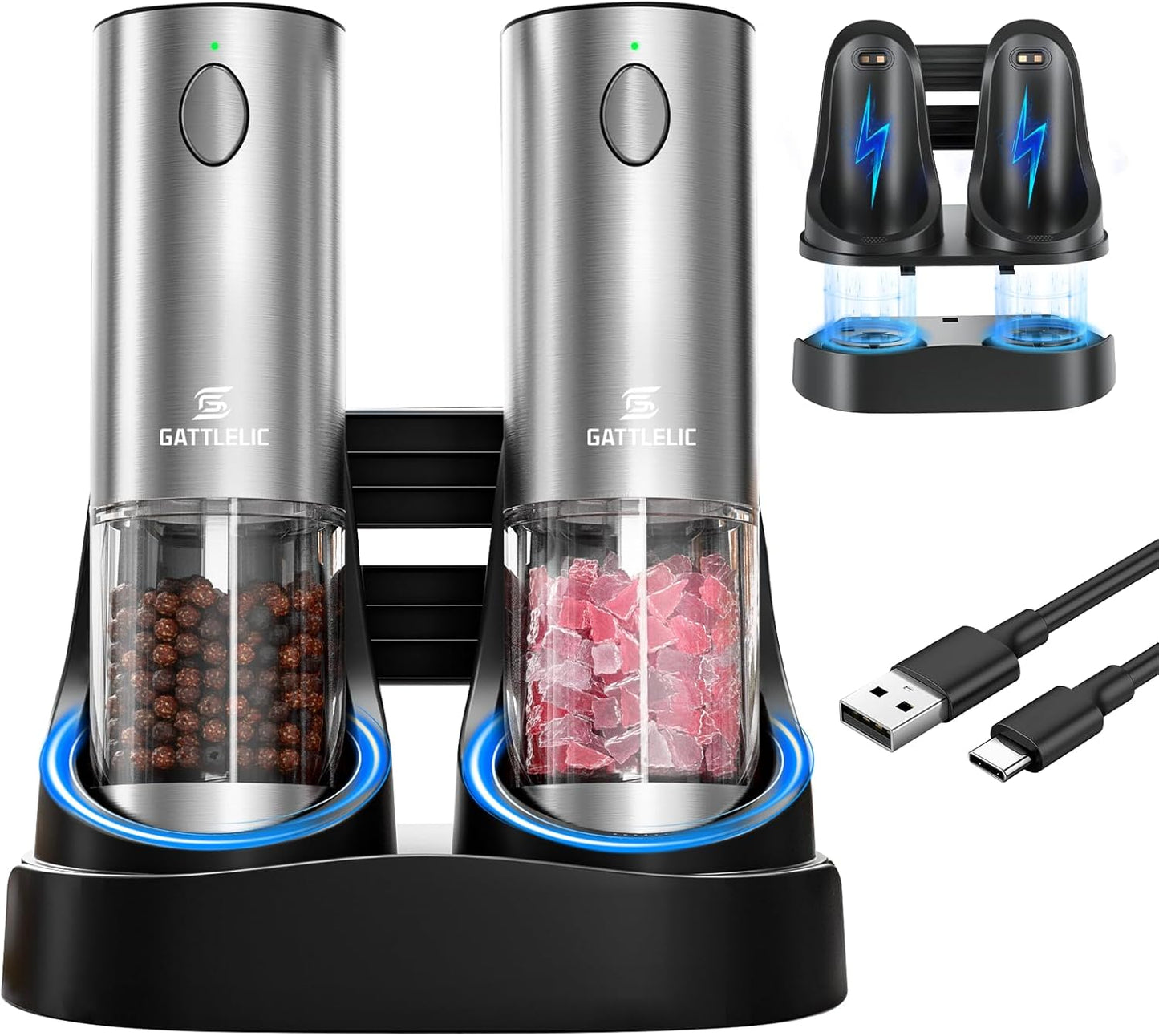 Skiennix Electric Salt and Pepper Grinder Set - Automatic Mill with LED Light & Adjustable Coarseness - Rechargeable Black & Sea Salt