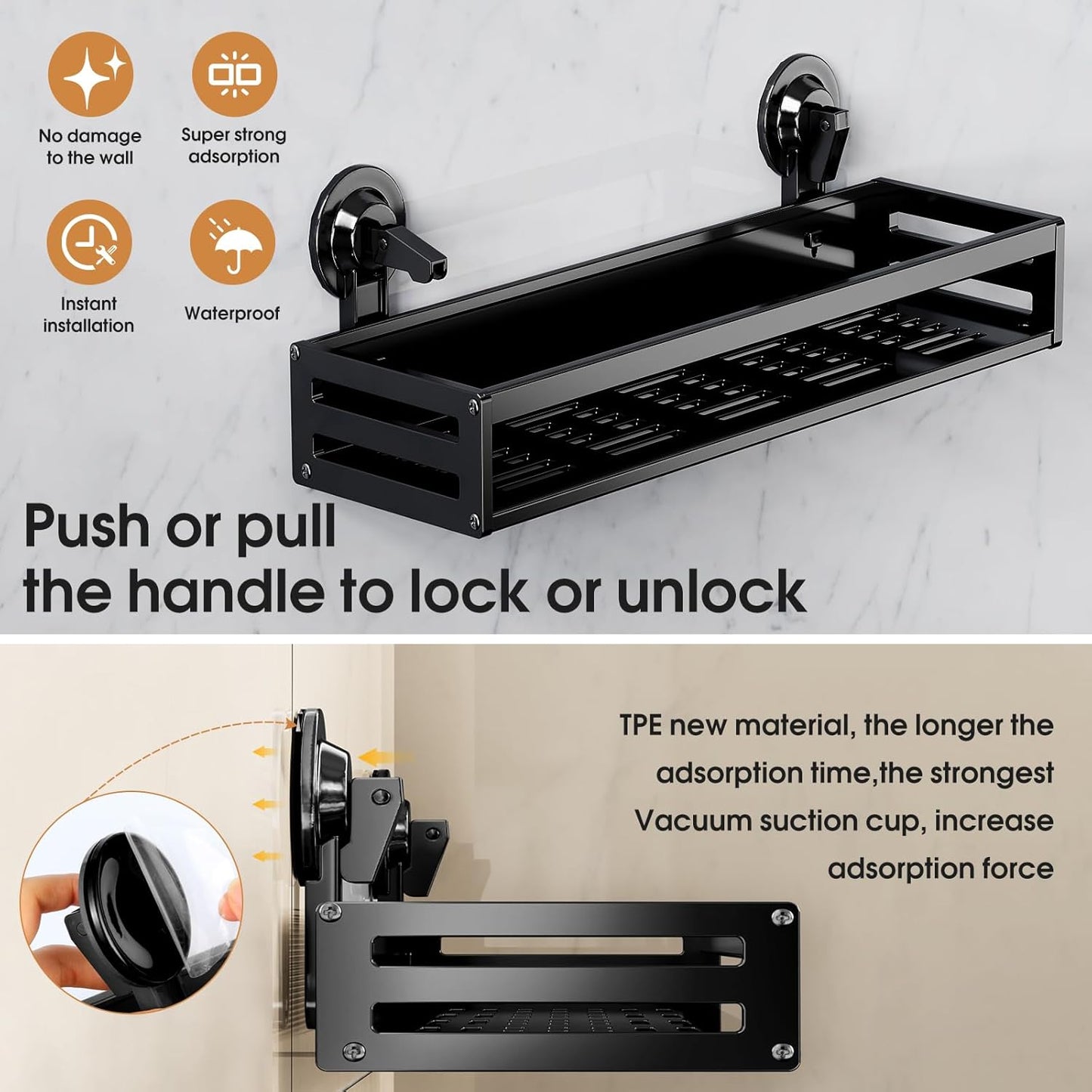 Skiennix Shower Caddy - 15.7 Inch Suction Cup Shelf with Hooks | Rustproof Bathroom Organizer - Black