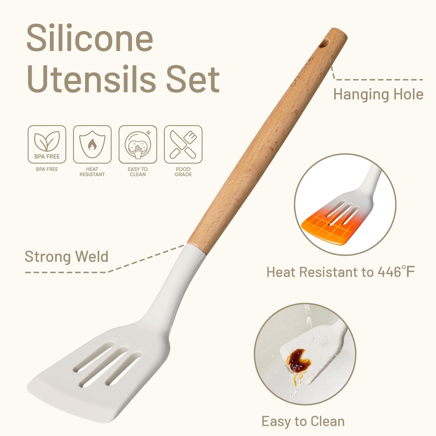 CAROTE Silicone Cooking Utensils Set for Nonstick Cookware, 446°F Heat Resistant Kitchen Utensil Set with Wooden Handle 10pcs, Spatula, Turner, Spoon, Tongs, Whisk