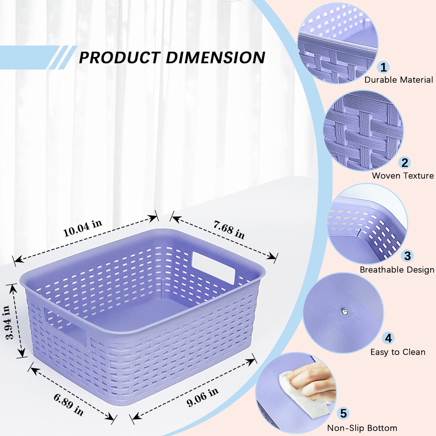 Plastic Storage Baskets for Cabinets, Household Pantry Organization with Handle,Organizer Bins for Room,Bathrooms,Under-Sink,Kitchen (Purple, S-3PACK)