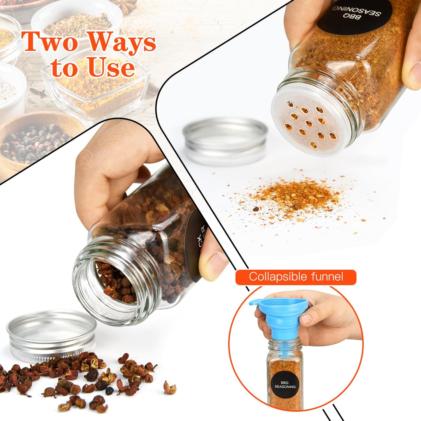 DkOvn 24pcs Glass Spice Jars, 4oz Empty Spice Jars with Metal Caps, Labels, Shaker Lids, Collapsible Funnel, Chalk Pen, Seasoning Organizer for Spice Rack