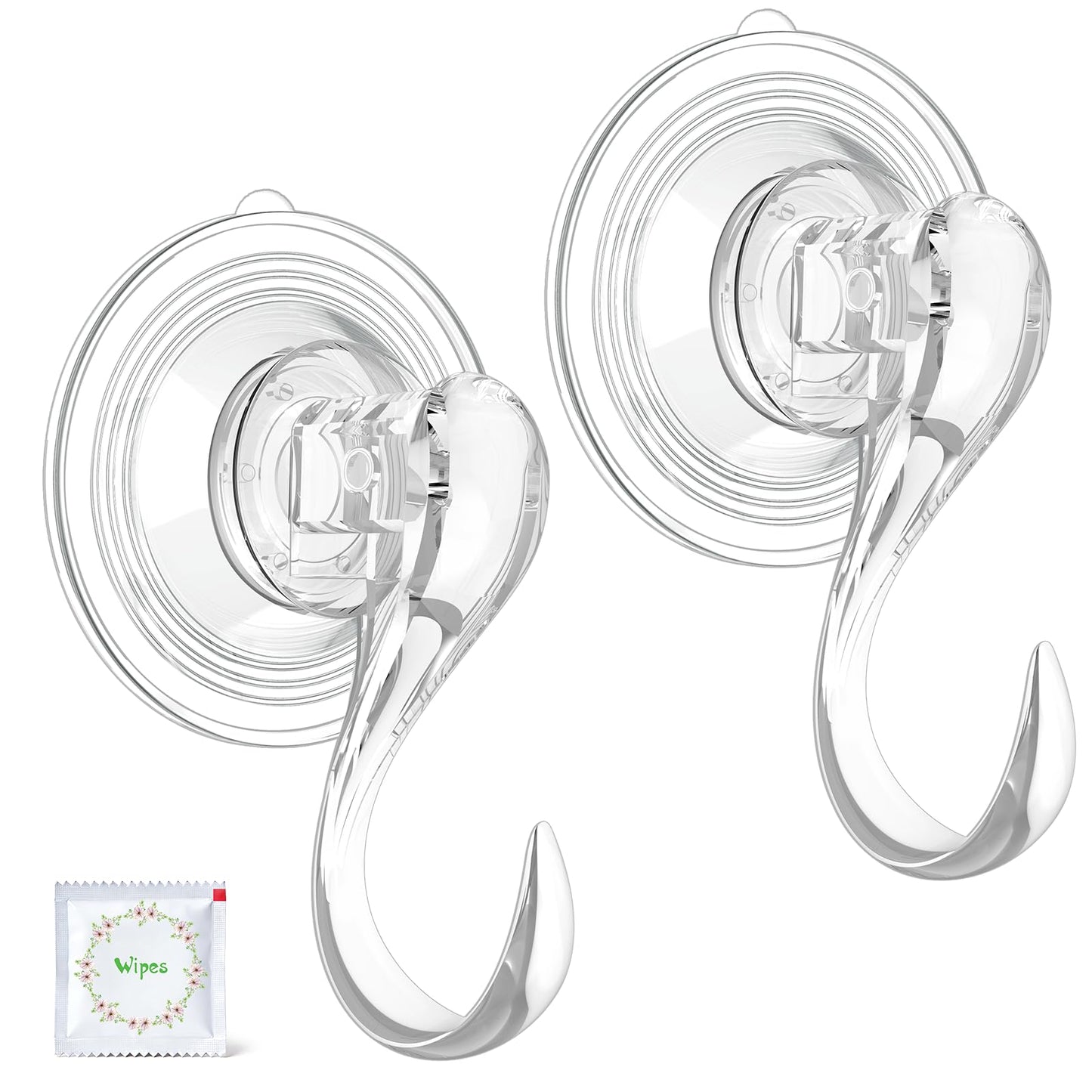 VIS'V Suction Cup Hooks, Small Shower Suction Hooks with Wipes, Heavy Duty, Removable and Reusable, Clear, 2 Pcs
