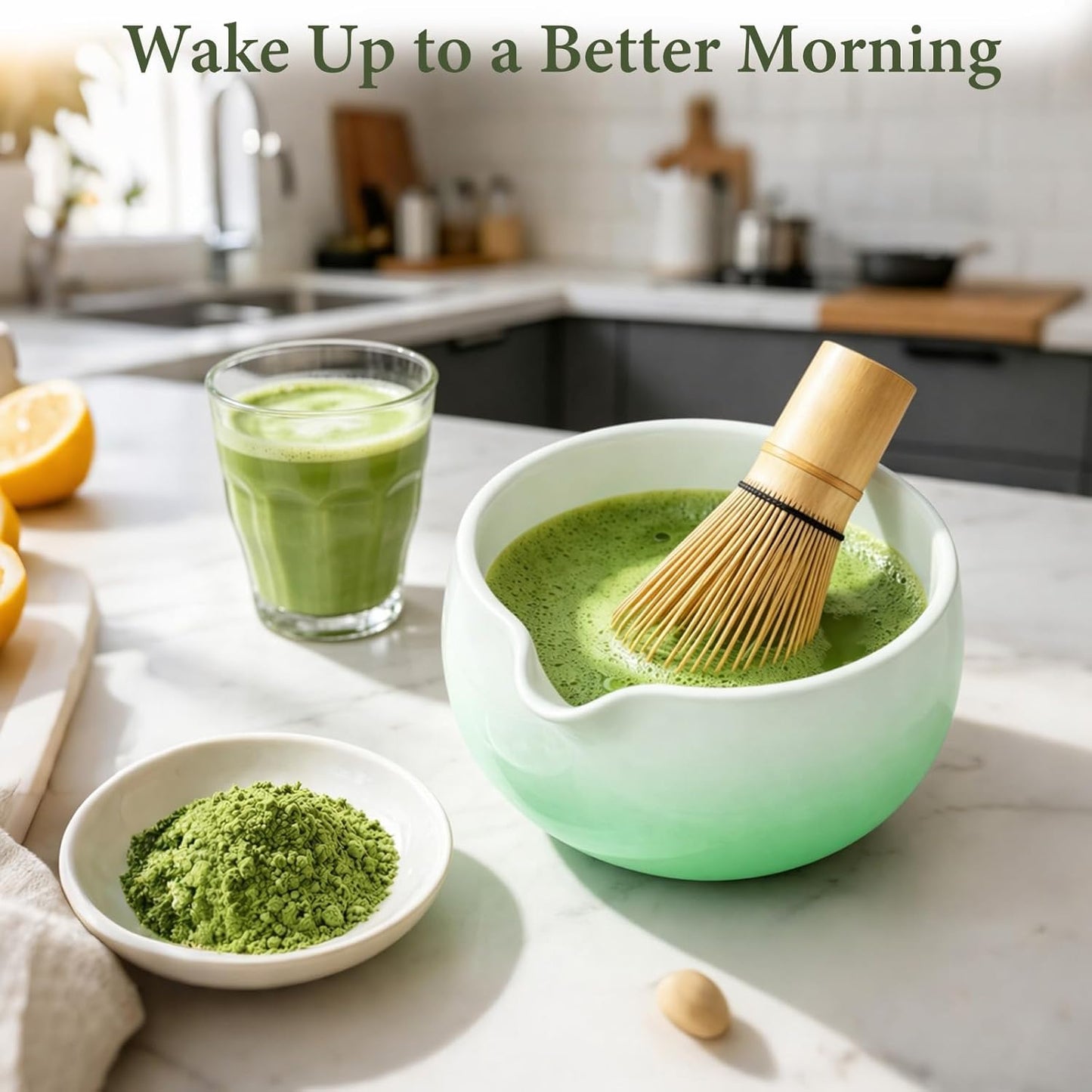 Skiennix Matcha Whisk Set - Complete 6PCS Ceramic Kit with Bamboo Whisk, Bowl, and Sifter | Green