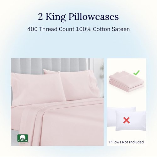 California Design Den King Size Pillowcase Set - 400 Thread Count 100% Cotton Sateen, Soft & Breathable | Pink