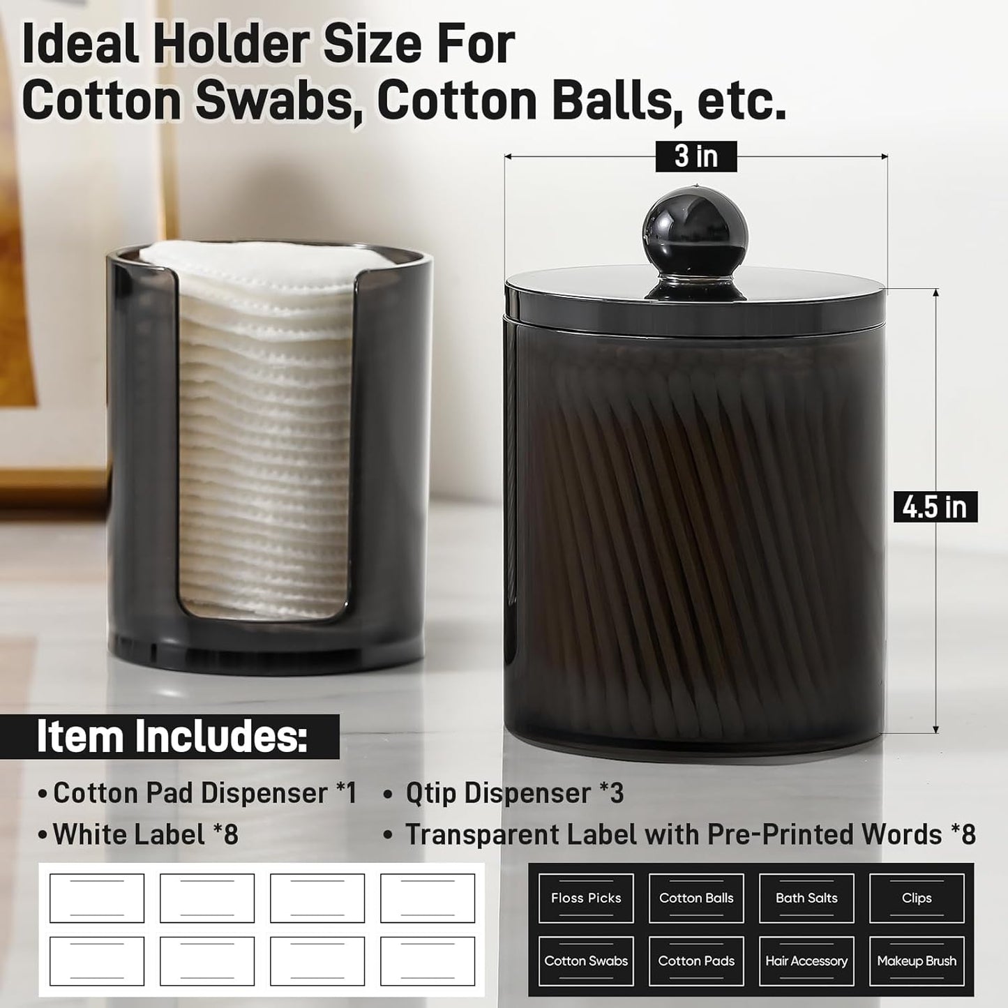 Skiennix Acrylic Qtip Holder Dispenser - Clear Plastic Apothecary Jar Set for Cotton Swabs & Makeup Storage