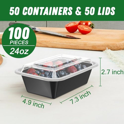Dealusy 24 oz Meal Prep Containers - 50 Pack Reusable, Leakproof & Food Safe | Microwave & Dishwasher Safe