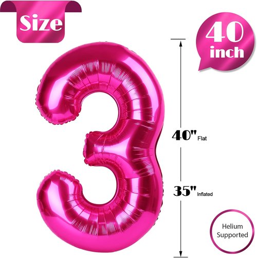 Hot Pink Number 3 Balloon - 40 Inch 3rd Birthday Celebration Decoration for Kids & Adults