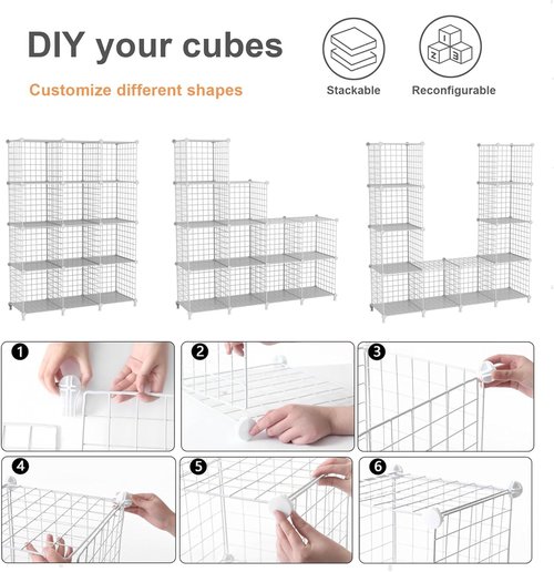 ATTJL12B - 12-Cube Storage Organizer | Metal Wire Shelving Unit for Modular Grid Bookshelf - Black, 11.8" L x 11.8" W x 11.8" H