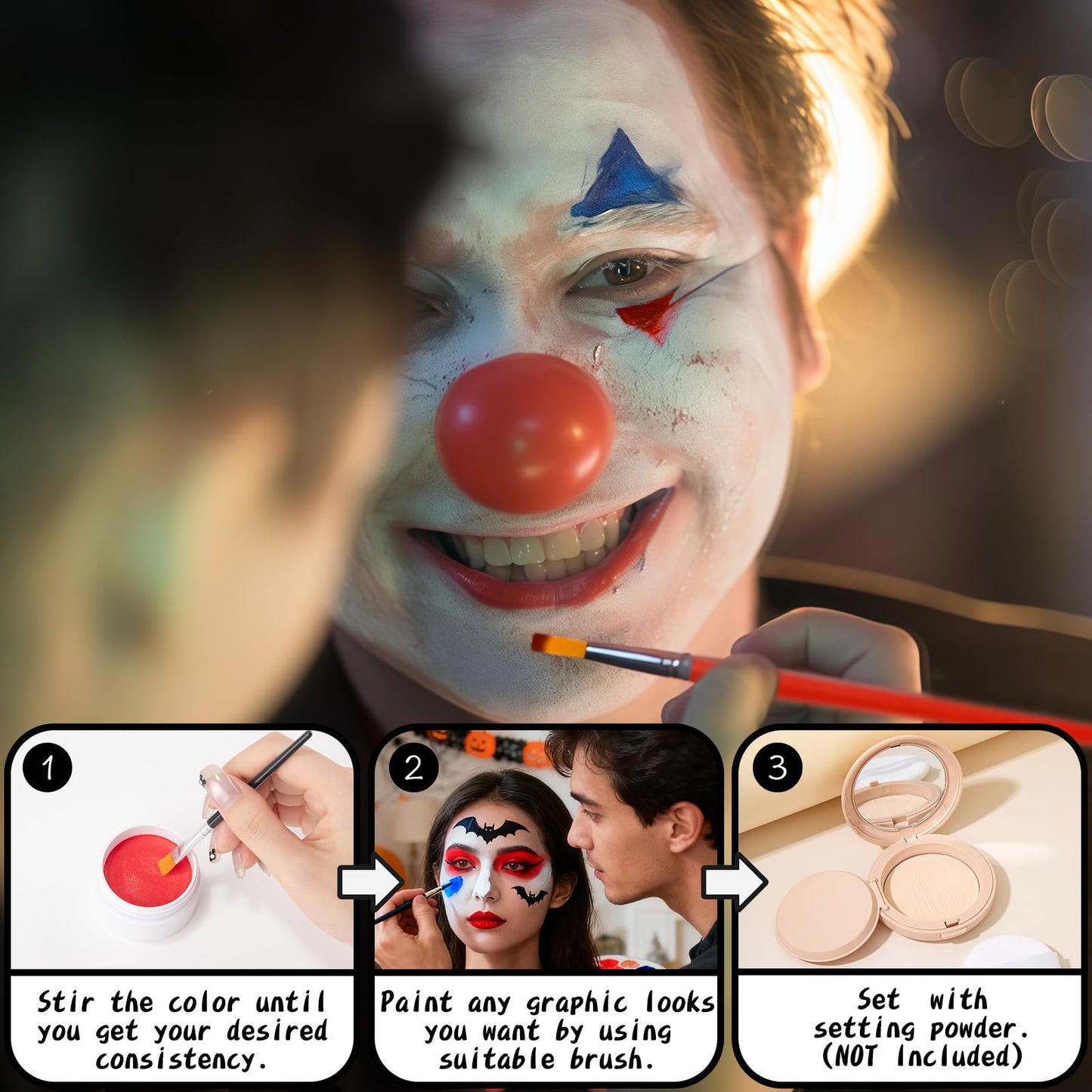 TonJin White Red Blue Face Body Paint Set 5.28oz,Non-Toxic Professional Facepaint Makeup Kit with 3 Brushes for 4th of July USA Independence Day Football Softball Players Clown Spiderman