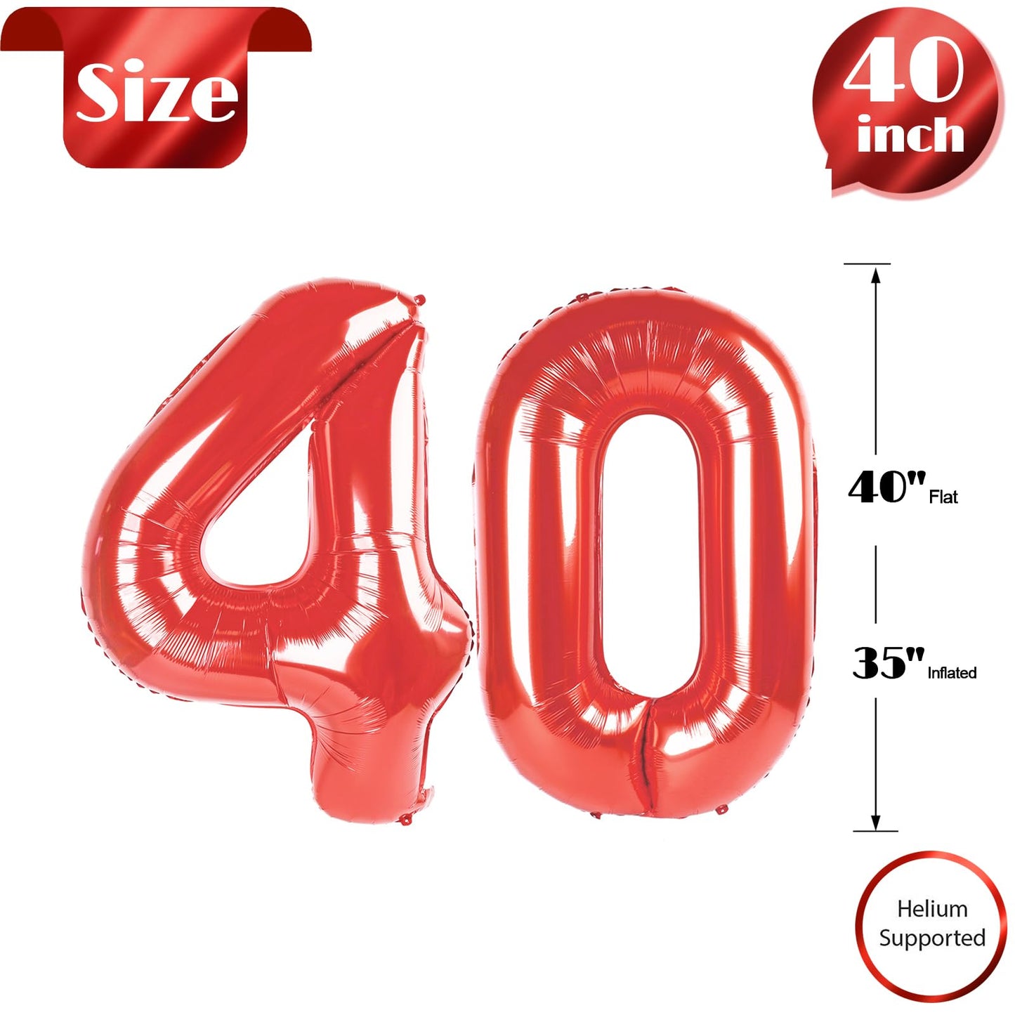 Red Number 40 Balloon 40 inch, 40 Number Balloons, 40th Red Birthday Decorations, 40 Year Old Girls Boys Party Supplies