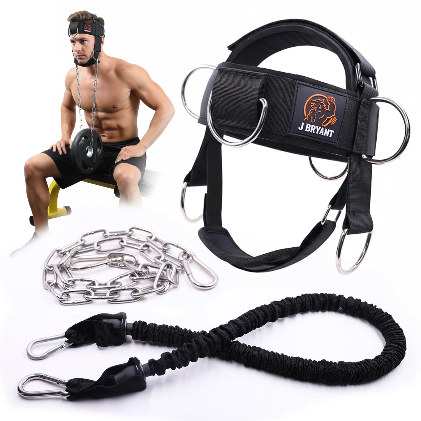 Adjustable Neck Harness for Resistance Bands & Weightlifting, Head Strap with 6 D-Rings for Multi-Directional Neck Training, Padded Chin Support for Athletes & Rehab Exercises
