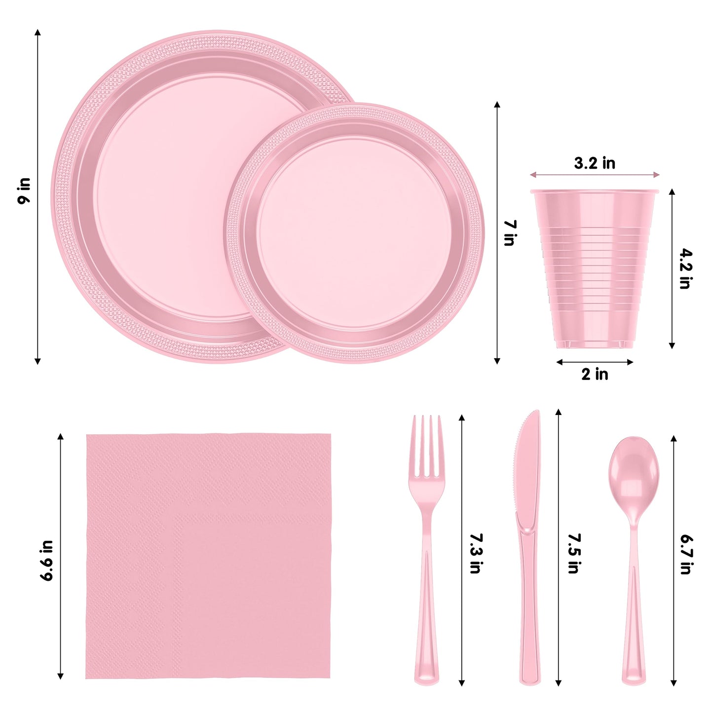 350 Pcs Pink Plastic Plates For Party, Pink Disposable Plates Set, 50 Of Each 9" Dinner Plate Set, 7" Dessert Plate, Cups, Napkins & Cutlery Plastic Dinnerware Set Exquisite